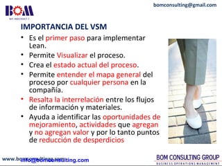 www.bomconsultingg.com
bomconsulting@gmail.com
IMPORTANCIA DEL VSM
• Es el primer paso para implementar
Lean.
• Permite Visualizar el proceso.
• Crea el estado actual del proceso.
• Permite entender el mapa general del
proceso por cualquier persona en la
compañía.
• Resalta la interrelación entre los flujos
de información y materiales.
• Ayuda a identificar las oportunidades de
mejoramiento, actividades que agregan
y no agregan valor y por lo tanto puntos
de reducción de desperdicios
info@bomconsulting.com
 
