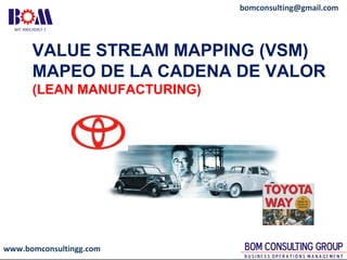 www.bomconsultingg.com
bomconsulting@gmail.com
VALUE STREAM MAPPING (VSM)
MAPEO DE LA CADENA DE VALOR
(LEAN MANUFACTURING)
 