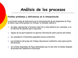 Análisis de los procesos
Posibles problemas y deficiencias en la interpretación.
La principal causa de deficiencia en la interpretación de los diagramas de flujo
se debe a que estos pueden no reflejar la realidad, debido a:
 Se debe representar el proceso ideal tal y como debería ser realizado, y no
lo habitual de aquellos que lo ejecutan.
 Alguno de los participantes no aportan información sobre partes del mismo.
 Se consideran irrelevantes pequeños bucles existentes.
 Los miembros del grupo de trabajo desconocen realmente como opera parte
del proceso.
 Se utilizan diagramas de flujo desfasados que no han sido revisados después
de producirse cambios en el proceso.
 