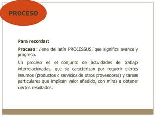 Para recordar:
Proceso: viene del latín PROCESSUS, que significa avance y
progreso.
Un proceso es el conjunto de actividades de trabajo
interrelacionadas, que se caracterizan por requerir ciertos
insumos (productos o servicios de otros proveedores) y tareas
particulares que implican valor añadido, con miras a obtener
ciertos resultados.
PROCESO
 