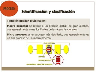También pueden dividirse en:
Macro proceso: se refiere a un proceso global, de gran alcance,
que generalmente cruza los límites de las áreas funcionales.
Micro proceso: es un proceso más detallado, que generalmente es
un sub-proceso de un macro proceso.
Identificación y clasificación
 