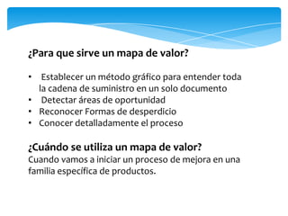¿Para que sirve un mapa de valor?

• Establecer un método gráfico para entender toda
  la cadena de suministro en un solo documento
• Detectar áreas de oportunidad
• Reconocer Formas de desperdicio
• Conocer detalladamente el proceso

¿Cuándo se utiliza un mapa de valor?
Cuando vamos a iniciar un proceso de mejora en una
familia específica de productos.
 