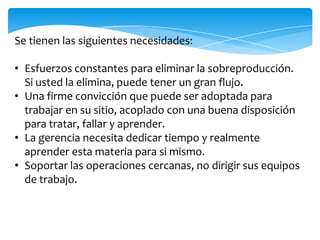 Se tienen las siguientes necesidades:

• Esfuerzos constantes para eliminar la sobreproducción.
  Si usted la elimina, puede tener un gran flujo.
• Una firme convicción que puede ser adoptada para
  trabajar en su sitio, acoplado con una buena disposición
  para tratar, fallar y aprender.
• La gerencia necesita dedicar tiempo y realmente
  aprender esta materia para si mismo.
• Soportar las operaciones cercanas, no dirigir sus equipos
  de trabajo.
 