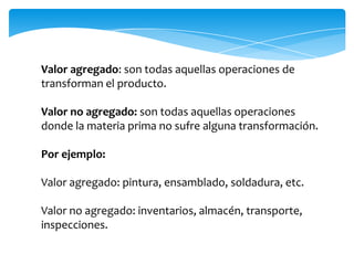Valor agregado: son todas aquellas operaciones de
transforman el producto.

Valor no agregado: son todas aquellas operaciones
donde la materia prima no sufre alguna transformación.

Por ejemplo:

Valor agregado: pintura, ensamblado, soldadura, etc.

Valor no agregado: inventarios, almacén, transporte,
inspecciones.
 
