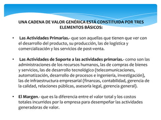 UNA CADENA DE VALOR GENÉRICA ESTÁ CONSTITUIDA POR TRES
                     ELEMENTOS BÁSICOS:

•   Las Actividades Primarias.- que son aquellas que tienen que ver con
    el desarrollo del producto, su producción, las de logística y
    comercialización y los servicios de post-venta.

•    Las Actividades de Soporte a las actividades primarias.- como son las
    administraciones de los recursos humanos, las de compras de bienes
    y servicios, las de desarrollo tecnológico (telecomunicaciones,
    automatización, desarrollo de procesos e ingeniería, investigación),
    las de infraestructura empresarial (finanzas, contabilidad, gerencia de
    la calidad, relaciones públicas, asesoría legal, gerencia general).

• El Margen.- que es la diferencia entre el valor total y los costos
  totales incurridos por la empresa para desempeñar las actividades
  generadoras de valor.
 