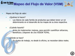 • Mapeo del flujo de valor:
• ¿Quiénes lo hacen?
• Los líderes de cada familia de productos que deben tener un rol
determinante en el desarrollo de los mapas de su área respectiva.
• ¿Cuándo hacerlo?
• Antes de implementar mejoras, para permitir cuantificar esfuerzos,
beneficios y disponer de una VISION TOTAL.
• ¿Dónde se hace?
• En el piso de trabajo, no desde la oficina, se necesitan datos reales.
 