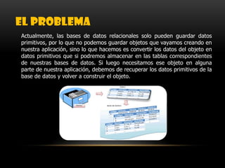 EL PROBLEMA
Actualmente, las bases de datos relacionales solo pueden guardar datos
primitivos, por lo que no podemos guardar objetos que vayamos creando en
nuestra aplicación, sino lo que hacemos es convertir los datos del objeto en
datos primitivos que si podremos almacenar en las tablas correspondientes
de nuestras bases de datos. Si luego necesitamos ese objeto en alguna
parte de nuestra aplicación, debemos de recuperar los datos primitivos de la
base de datos y volver a construir el objeto.
 