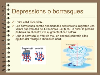 Depressions o borrasques <ul><li>L’aire càlid ascendeix. </li></ul><ul><li>Les borrasques, també anomenades  de pressions,...