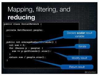 Iterate 
@crichardson 
Mapping, filtering, and 
reducing 
public class SocialNetwork { 
private Set<Person> people; 
... 
public int averageNumberOfFriends() { 
int sum = 0; 
for (Person p : people) { 
sum += p.getFriends().size(); 
} 
return sum / people.size(); 
} 
Declare scalar result 
variable 
Modify result 
Return result 
 
