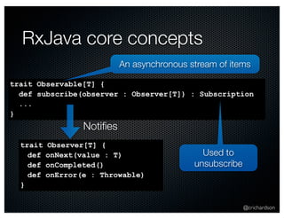 An asynchronous stream of items 
@crichardson 
RxJava core concepts 
trait Observable[T] { 
def subscribe(observer : Observer[T]) : Subscription 
... 
} 
Notifies 
trait Observer[T] { 
def onNext(value : T) 
def onCompleted() 
def onError(e : Throwable) 
} 
Used to 
unsubscribe 
 