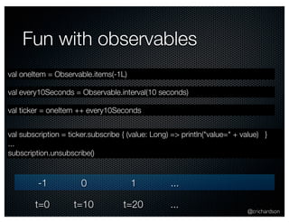 val subscription = ticker.subscribe { (value: Long) => println("value=" + value) } 
... 
subscription.unsubscribe() 
@crichardson 
Fun with observables 
val oneItem = Observable.items(-1L) 
val every10Seconds = Observable.interval(10 seconds) 
val ticker = oneItem ++ every10Seconds 
-1 0 1 ... 
t=0 t=10 t=20 ... 
 