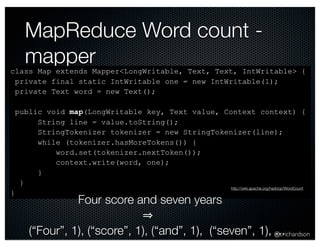 http://wiki.apache.org/hadoop/WordCount 
@crichardson 
MapReduce Word count - 
mapper 
class Map extends Mapper<LongWritable, Text, Text, IntWritable> { 
private final static IntWritable one = new IntWritable(1); 
private Text word = new Text(); 
public void map(LongWritable key, Text value, Context context) { 
String line = value.toString(); 
StringTokenizer tokenizer = new StringTokenizer(line); 
while (tokenizer.hasMoreTokens()) { 
word.set(tokenizer.nextToken()); 
context.write(word, one); 
} 
} 
} 
Four score and seven years 
⇒ 
(“Four”, 1), (“score”, 1), (“and”, 1), (“seven”, 1), ... 
 