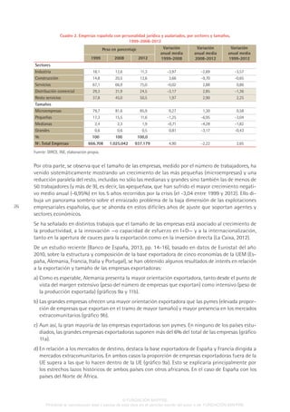 26
Cuadro 2. Empresas española con personalidad jurídica y asalariados, por sectores y tamaños,
1999-2008-2012
Peso en porcentaje Variación
anual media
1999-2008
Variación
anual media
2008-2012
Variación
anual media
1999-20121999 2008 2012
Sectores
Industria 18,1 12,6 11,3 -3,97 -2,69 -3,57
Construcción 14,8 20,5 13,6 3,66 -9,70 -0,65
Servicios 67,1 66,9 75,0 -0,02 2,88 0,86
Distribución comercial 29,3 21,9 24,5 -3,17 2,85 -1,36
Resto servicios 37,8 45,0 50,5 1,97 2,90 2,25
Tamaños
Microempresas 79,7 81,6 85,9 0,27 1,30 0,58
Pequeñas 17,3 15,5 11,6 -1,25 -6,95 -3,04
Medianas 2,4 2,3 1,9 -0,71 -4,28 -1,82
Grandes 0,6 0,6 0,5 0,81 -3,17 -0,43
% 100 100 100,0      
Nº. Total Empresas 666.708 1.025.042 937.179 4,90 -2,22 2,65
Fuente: DIRCE, INE, elaboración propia.
Por otra parte, se observa que el tamaño de las empresas, medido por el número de trabajadores, ha
venido sistemáticamente mostrando un crecimiento de las más pequeñas (microempresas) y una
reducción paralela del resto, incluidas no sólo las medianas y grandes sino también las de menos de
50 trabajadores (y más de 9), es decir, las «pequeñas», que han sufrido el mayor crecimiento negati-
vo medio anual (-6,95%) en los 5 años recorridos por la crisis (el -3,04 entre 1999 y 2012). Ello di-
buja un panorama sombrío sobre el enraizado problema de la baja dimensión de las explotaciones
empresariales españolas, que se ahonda en estos difíciles años de ajuste que soportan agentes y
sectores económicos.
Se ha señalado en distintos trabajos que el tamaño de las empresas está asociado al crecimiento de
la productividad, a la innovación —o capacidad de esfuerzo en I+D— y a la internacionalización,
tanto en la apertura de cauces para la exportación como en la inversión directa (La Caixa, 2012).
De un estudio reciente (Banco de España, 2013, pp. 14-16), basado en datos de Eurostat del año
2010, sobre la estructura y composición de la base exportadora de cinco economías de la UEM (Es-
paña, Alemania, Francia, Italia y Portugal), se han obtenido algunos resultados de interés en relación
a la exportación y tamaño de las empresas exportadoras:
a)	Como es esperable, Alemania presenta la mayor orientación exportadora, tanto desde el punto de
vista del margen extensivo (peso del número de empresas que exportan) como intensivo (peso de
la producción exportada) (gráficos 9a y 11b).
b)	Las grandes empresas ofrecen una mayor orientación exportadora que las pymes (elevada propor-
ción de empresas que exportan en el tramo de mayor tamaño) y mayor presencia en los mercados
extracomunitarios (gráfico 9b).
c)	Aun así, la gran mayoría de las empresas exportadoras son pymes. En ninguno de los países estu-
diados, las grandes empresas exportadoras suponen más del 6% del total de las empresas (gráfico
11a).
d)	En relación a los mercados de destino, destaca la base exportadora de España y Francia dirigida a
mercados extracomunitarios. En ambos casos la proporción de empresas exportadoras fuera de la
UE supera a las que lo hacen dentro de la UE (gráfico 9a). Esto se explicaría principalmente por
los estrechos lazos históricos de ambos países con otros africanos. En el caso de España con los
países del Norte de África.
© FUNDACIÓN MAPFRE
Prohibida la reproducción total o parcial de esta obra sin el permiso escrito del autor o de FUNDACIÓN MAPFRE
 