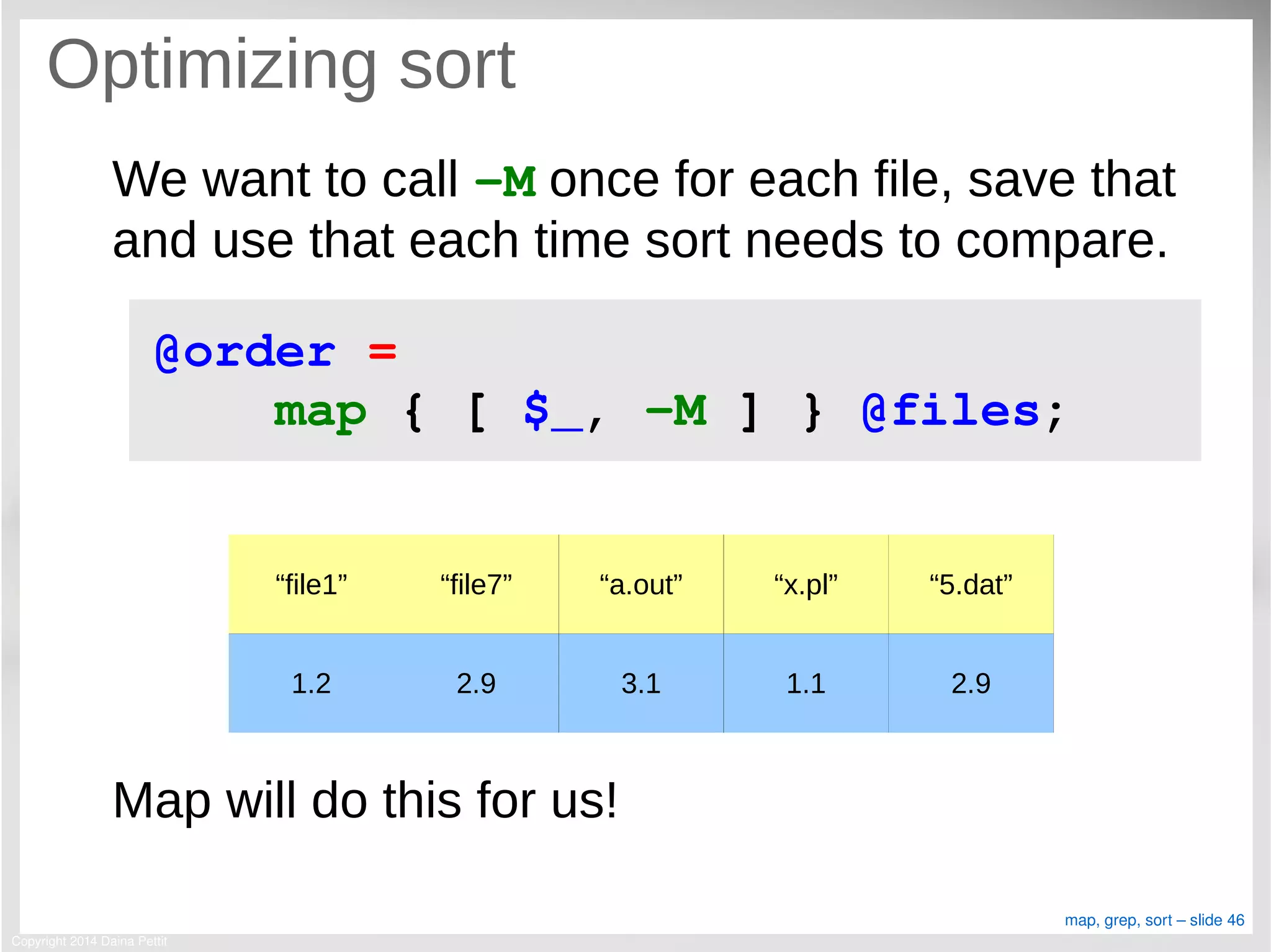 Copyright 2014 Daina Pettit
map, grep, sort – slide 46
Optimizing sort
We want to call ­M once for each file, save that
and use that each time sort needs to compare.
Map will do this for us!
@order = 
    map { [ $_, ­M ] } @files;
“file1” “file7” “a.out” “x.pl” “5.dat”
1.2 2.9 3.1 1.1 2.9
 