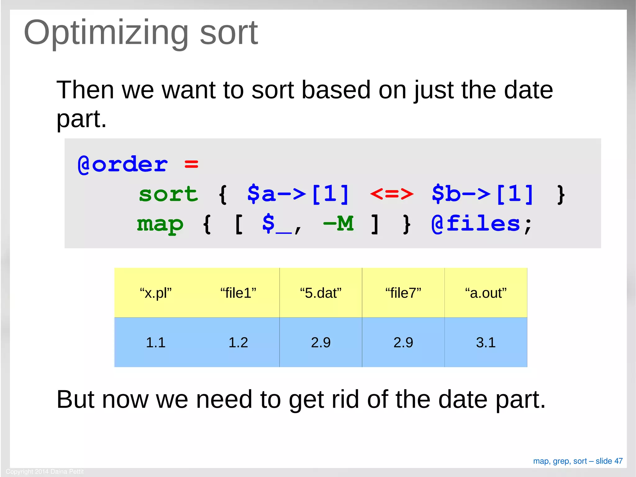 Copyright 2014 Daina Pettit
map, grep, sort – slide 47
Optimizing sort
Then we want to sort based on just the date
part.
But now we need to get rid of the date part.
@order = 
    sort { $a­>[1] <=> $b­>[1] }
    map { [ $_, ­M ] } @files;
“x.pl” “file1” “5.dat” “file7” “a.out”
1.1 1.2 2.9 2.9 3.1
 