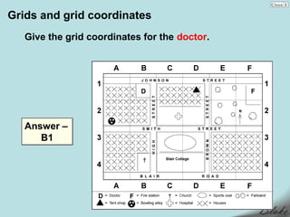 Grids and grid coordinates
   Give the grid coordinates for the doctor.




   Answer –
      B1
 