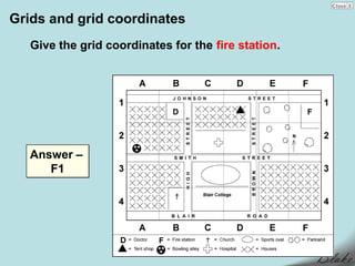 Grids and grid coordinates
   Give the grid coordinates for the fire station.




   Answer –
      F1
 