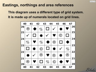 Eastings, northings and area references
   This diagram uses a different type of grid system.
   It is made up of numerals located on grid lines.
 