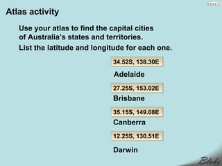 Atlas activity
   Use your atlas to find the capital cities
   of Australia’s states and territories.
   List the latitude and longitude for each one.
                              34.52S, 138.30E

                              Adelaide
                              27.25S, 153.02E
                              Brisbane
                              35.15S, 149.08E
                              Canberra
                              12.25S, 130.51E

                              Darwin
 