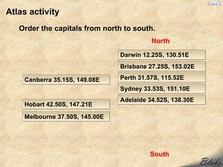 Atlas activity
   Order the capitals from north to south.
                                          North

                                Darwin 12.25S, 130.51E
                                Brisbane 27.25S, 153.02E

    Canberra 35.15S, 149.08E    Perth 31.57S, 115.52E
                                Sydney 33.53S, 151.10E
                                Adelaide 34.52S, 138.30E
    Hobart 42.50S, 147.21E

    Melbourne 37.50S, 145.00E




                                         South
 