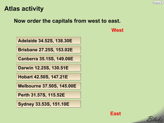 Atlas activity
   Now order the capitals from west to east.
                                        West

    Adelaide 34.52S, 138.30E
    Brisbane 27.25S, 153.02E
    Canberra 35.15S, 149.08E

    Darwin 12.25S, 130.51E
    Hobart 42.50S, 147.21E

    Melbourne 37.50S, 145.00E
    Perth 31.57S, 115.52E

    Sydney 33.53S, 151.10E

                                        East
 