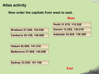 Atlas activity
   Now order the capitals from west to east.
                                          West

                                Perth 31.57S, 115.52E
    Brisbane 27.25S, 153.02E    Darwin 12.25S, 130.51E

    Canberra 35.15S, 149.08E    Adelaide 34.52S, 138.30E



    Hobart 42.50S, 147.21E

    Melbourne 37.50S, 145.00E


    Sydney 33.53S, 151.10E

                                         East
 