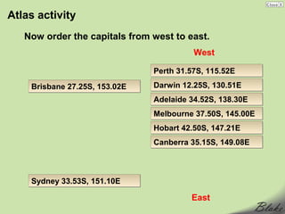 Atlas activity
   Now order the capitals from west to east.
                                         West

                               Perth 31.57S, 115.52E
    Brisbane 27.25S, 153.02E   Darwin 12.25S, 130.51E
                               Adelaide 34.52S, 138.30E
                               Melbourne 37.50S, 145.00E
                               Hobart 42.50S, 147.21E
                               Canberra 35.15S, 149.08E



    Sydney 33.53S, 151.10E

                                        East
 