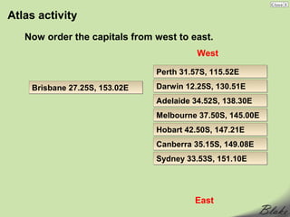 Atlas activity
   Now order the capitals from west to east.
                                         West

                               Perth 31.57S, 115.52E
    Brisbane 27.25S, 153.02E   Darwin 12.25S, 130.51E
                               Adelaide 34.52S, 138.30E
                               Melbourne 37.50S, 145.00E
                               Hobart 42.50S, 147.21E
                               Canberra 35.15S, 149.08E
                               Sydney 33.53S, 151.10E




                                        East
 