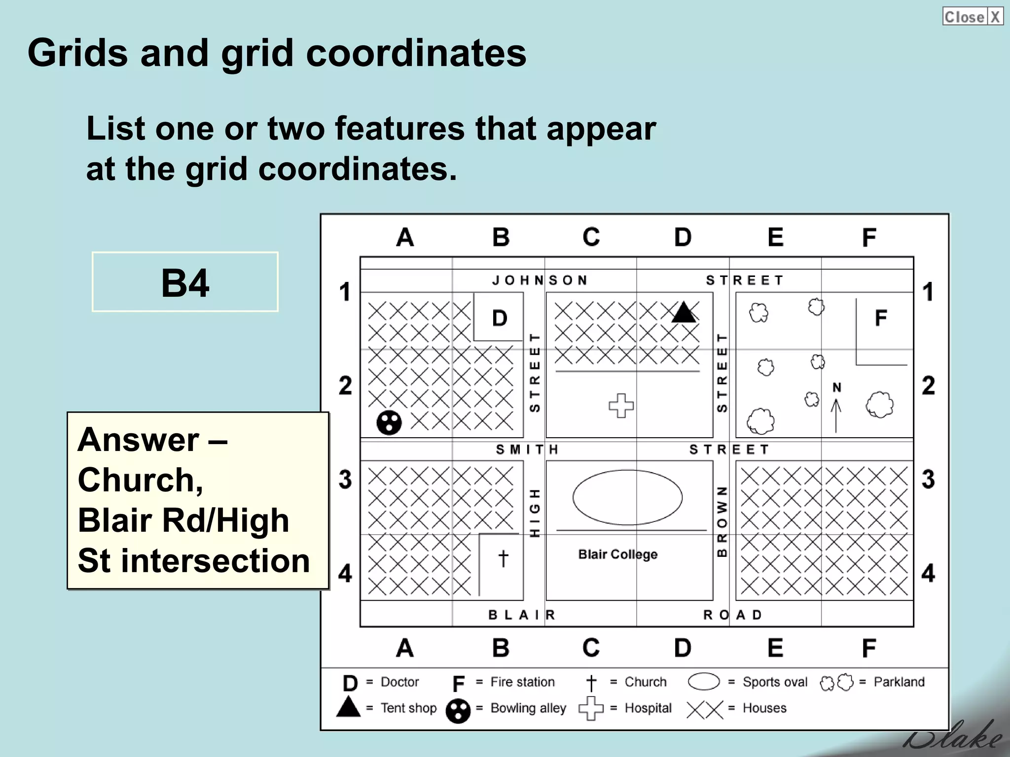 Grids and grid coordinates
   List one or two features that appear
   at the grid coordinates.


       B4


  Answer –
  Church,
  Blair Rd/High
  St intersection
 