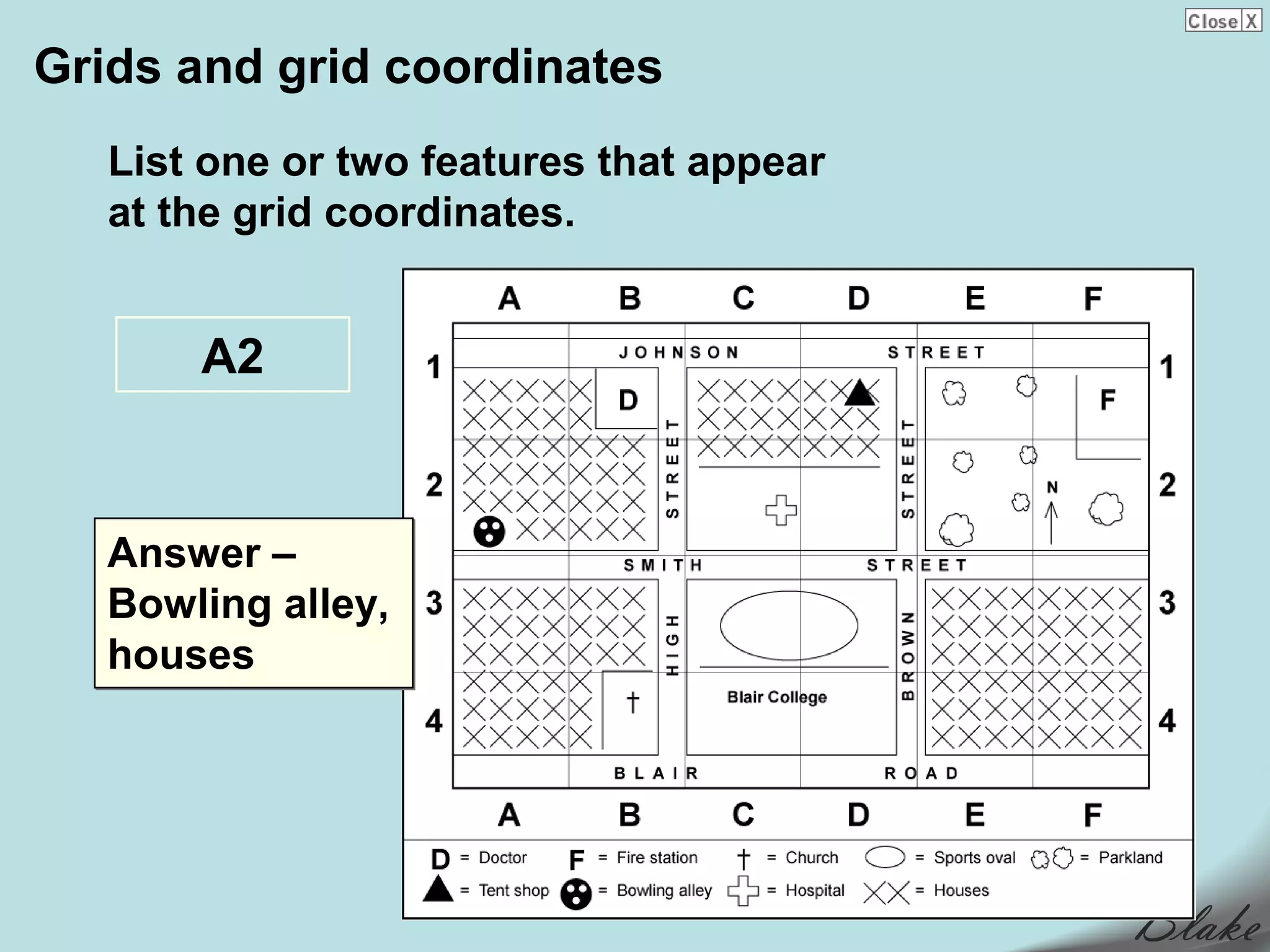 Grids and grid coordinates
   List one or two features that appear
   at the grid coordinates.


       A2


   Answer –
   Bowling alley,
   houses
 