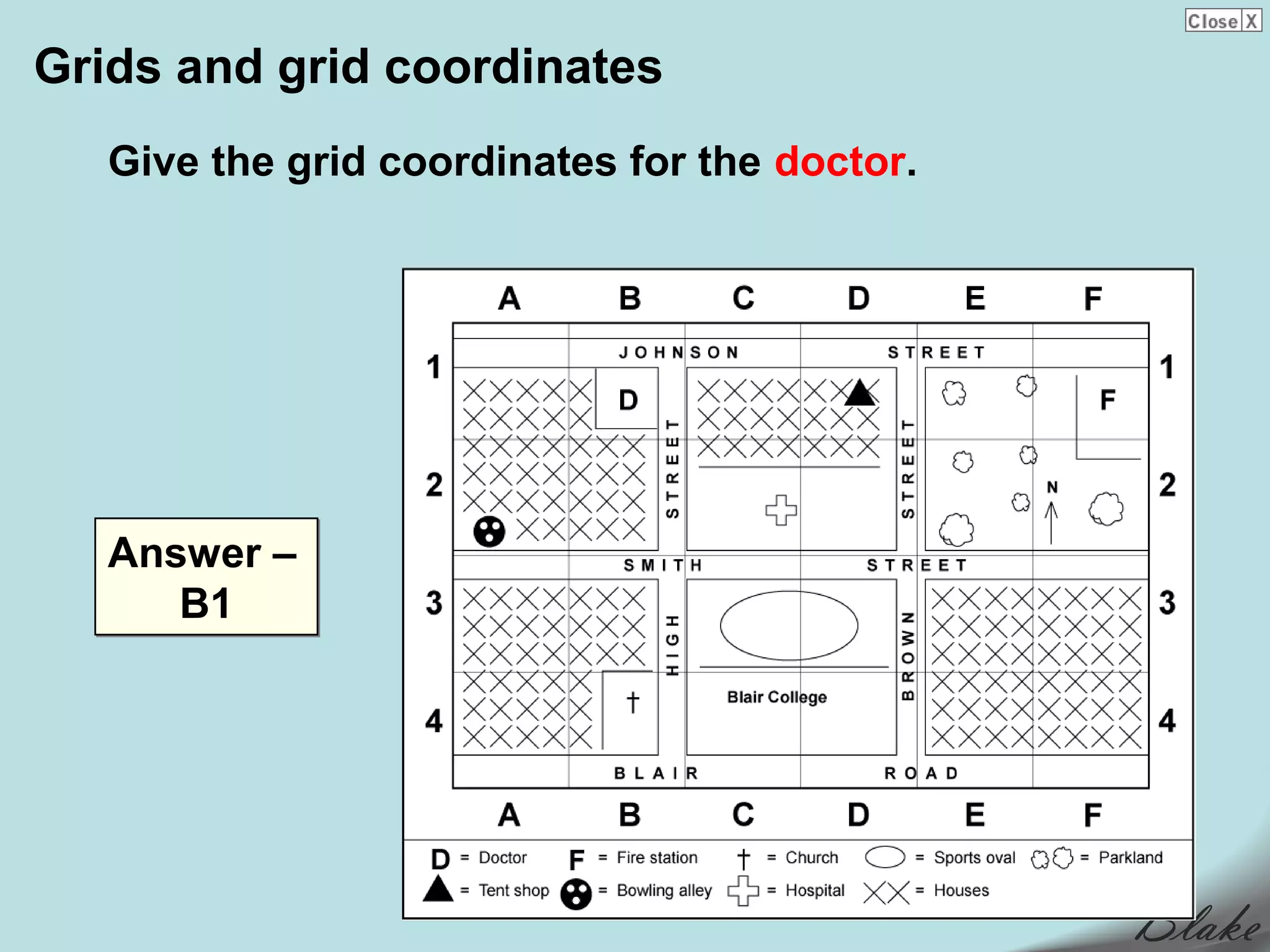 Grids and grid coordinates
   Give the grid coordinates for the doctor.




   Answer –
      B1
 