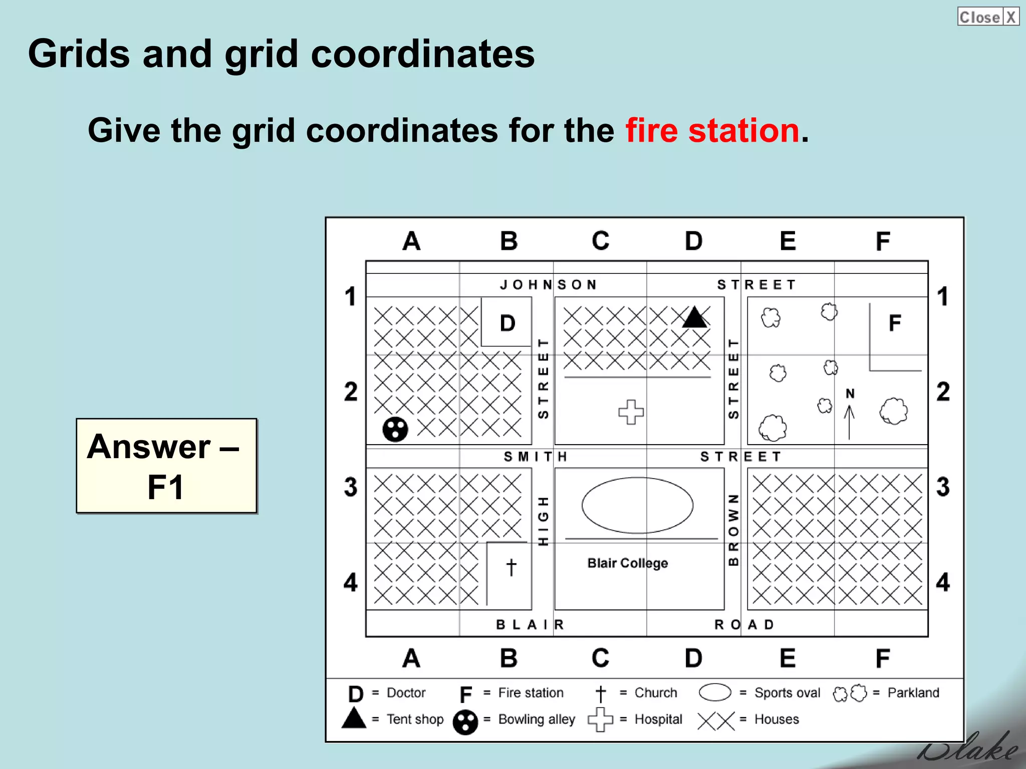 Grids and grid coordinates
   Give the grid coordinates for the fire station.




   Answer –
      F1
 