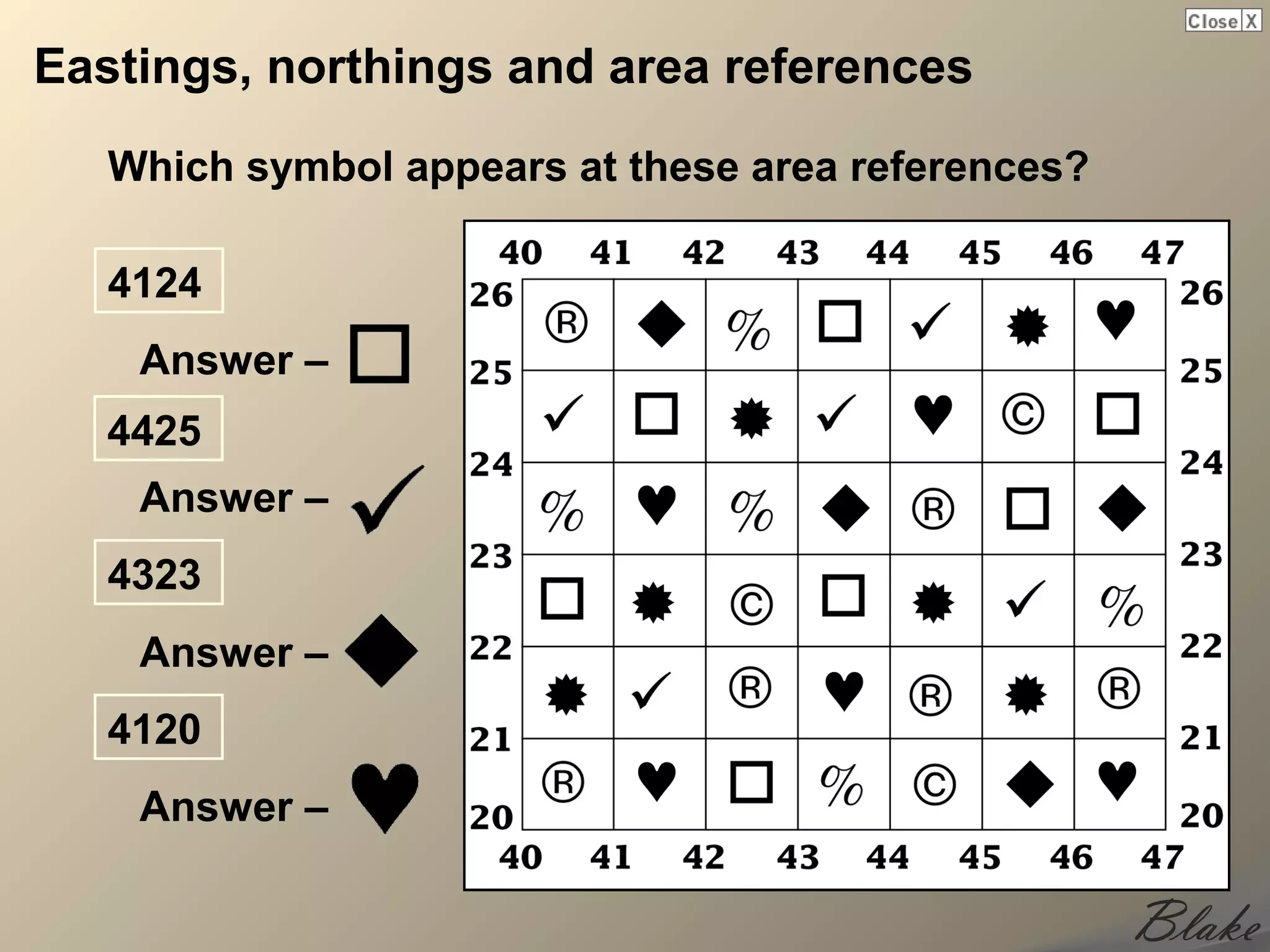 Eastings, northings and area references
   Which symbol appears at these area references?

   4124
    Answer –
   4425
    Answer –
   4323
    Answer –
   4120
    Answer –
 