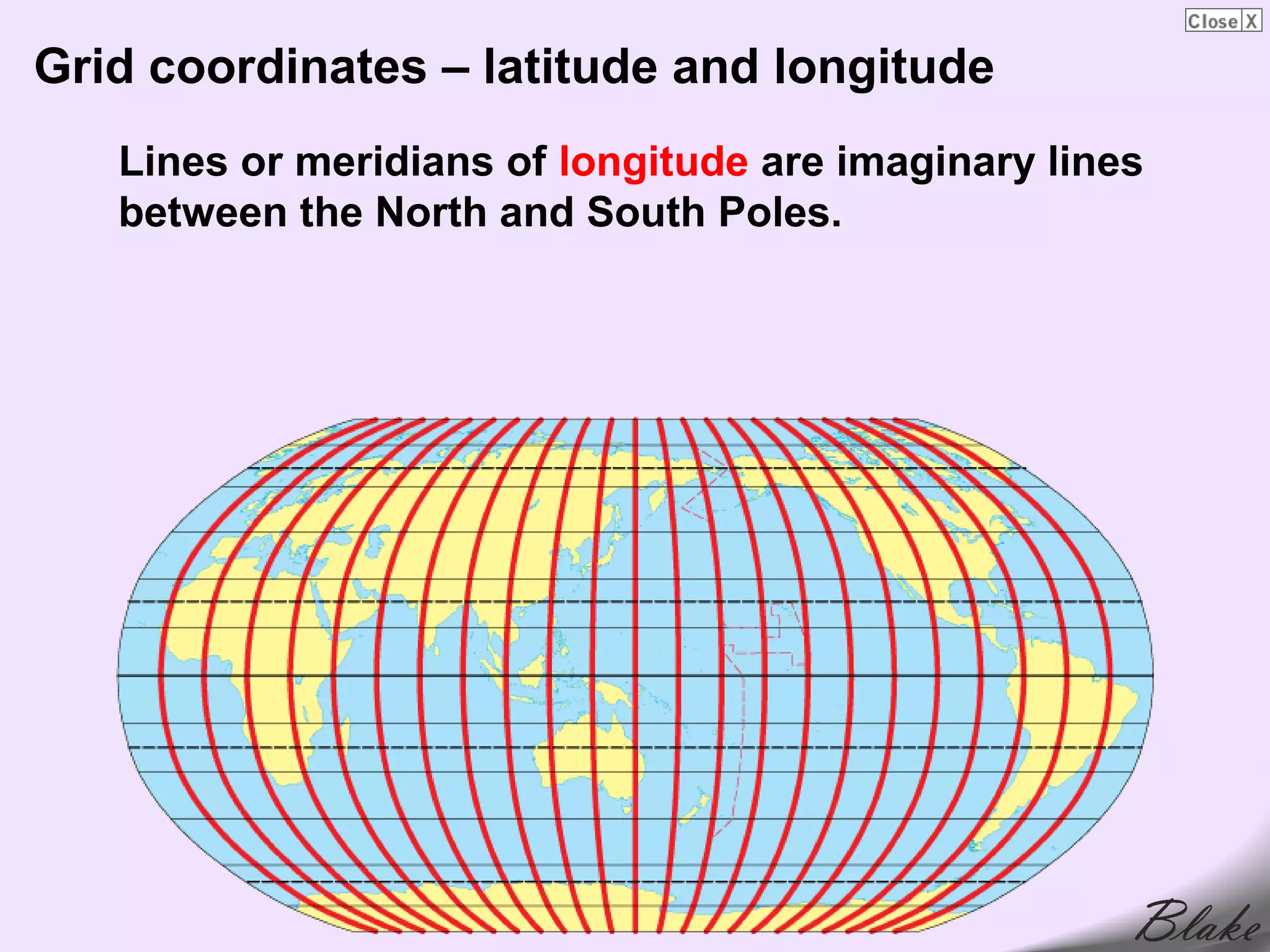 Grid coordinates – latitude and longitude
   Lines or meridians of longitude are imaginary lines
   between the North and South Poles.
 