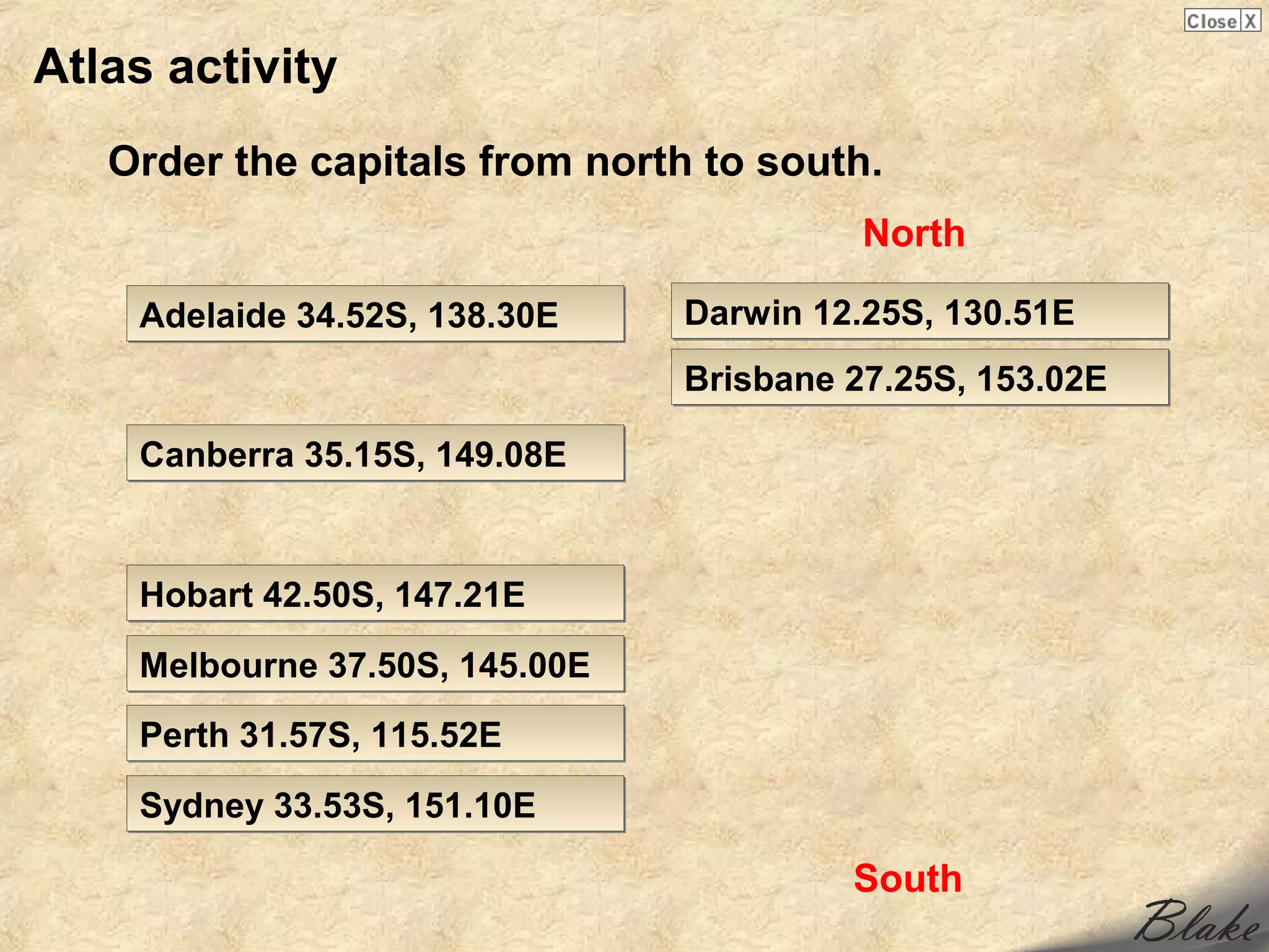 Atlas activity
   Order the capitals from north to south.
                                          North

    Adelaide 34.52S, 138.30E    Darwin 12.25S, 130.51E
                                Brisbane 27.25S, 153.02E

    Canberra 35.15S, 149.08E


    Hobart 42.50S, 147.21E

    Melbourne 37.50S, 145.00E
    Perth 31.57S, 115.52E

    Sydney 33.53S, 151.10E

                                         South
 