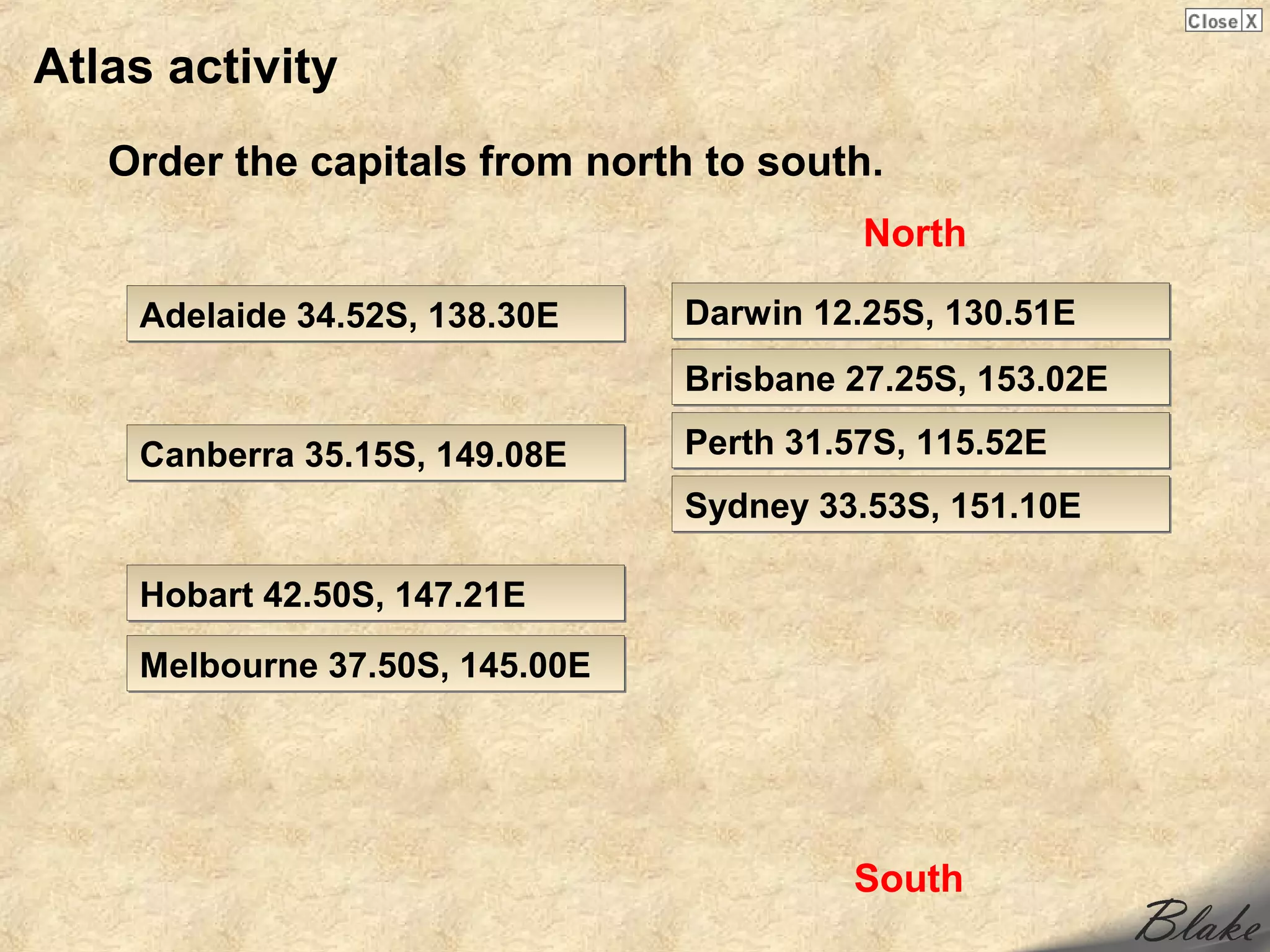 Atlas activity
   Order the capitals from north to south.
                                          North

    Adelaide 34.52S, 138.30E    Darwin 12.25S, 130.51E
                                Brisbane 27.25S, 153.02E

    Canberra 35.15S, 149.08E    Perth 31.57S, 115.52E
                                Sydney 33.53S, 151.10E

    Hobart 42.50S, 147.21E

    Melbourne 37.50S, 145.00E




                                         South
 