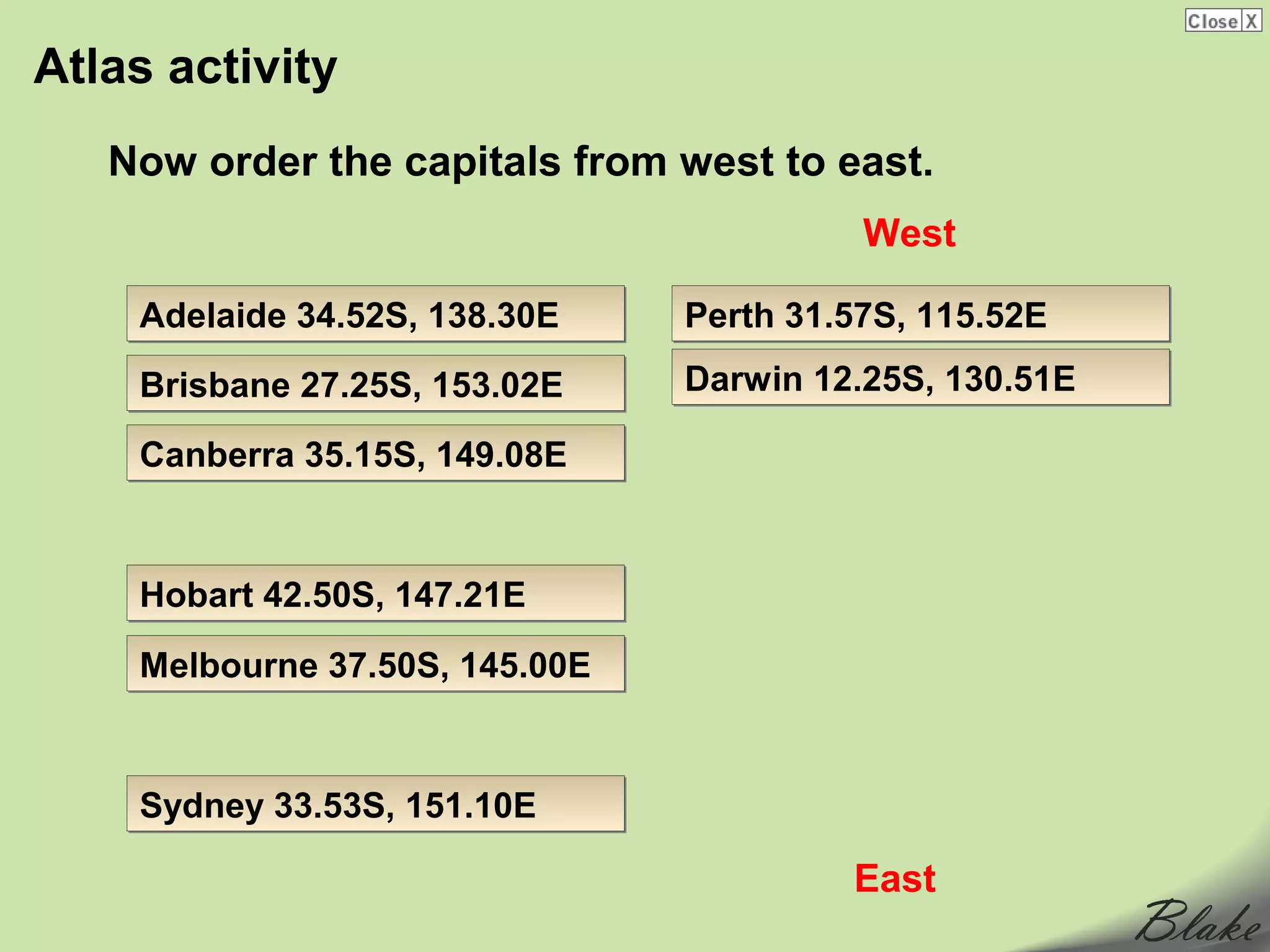 Atlas activity
   Now order the capitals from west to east.
                                          West

    Adelaide 34.52S, 138.30E    Perth 31.57S, 115.52E
    Brisbane 27.25S, 153.02E    Darwin 12.25S, 130.51E

    Canberra 35.15S, 149.08E


    Hobart 42.50S, 147.21E

    Melbourne 37.50S, 145.00E


    Sydney 33.53S, 151.10E

                                         East
 