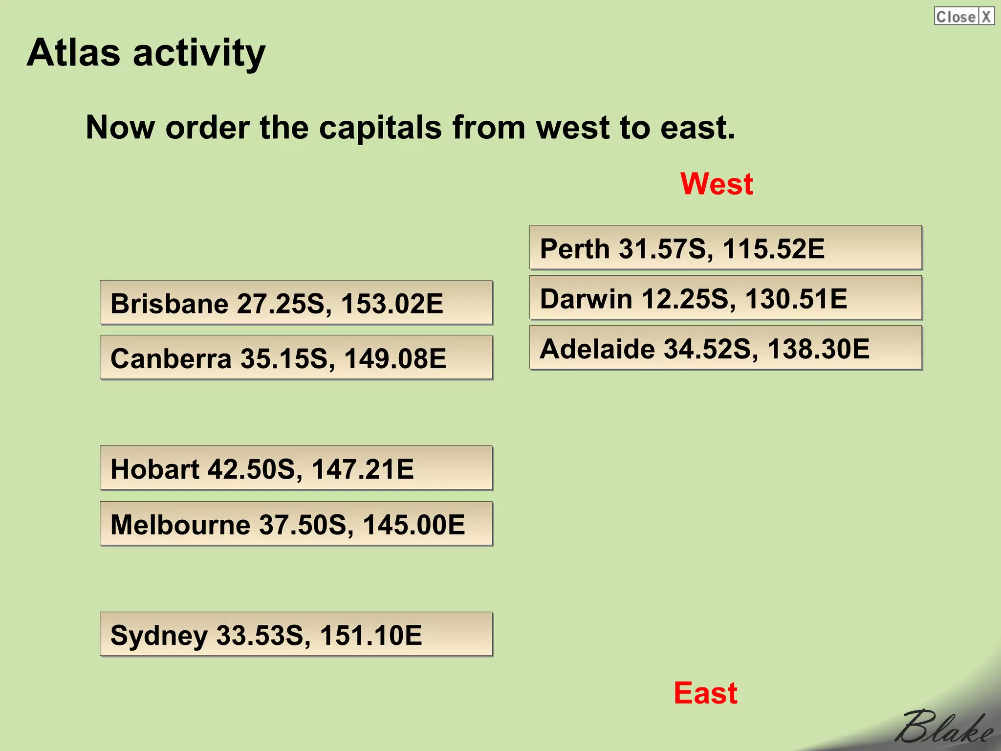 Atlas activity
   Now order the capitals from west to east.
                                          West

                                Perth 31.57S, 115.52E
    Brisbane 27.25S, 153.02E    Darwin 12.25S, 130.51E

    Canberra 35.15S, 149.08E    Adelaide 34.52S, 138.30E



    Hobart 42.50S, 147.21E

    Melbourne 37.50S, 145.00E


    Sydney 33.53S, 151.10E

                                         East
 