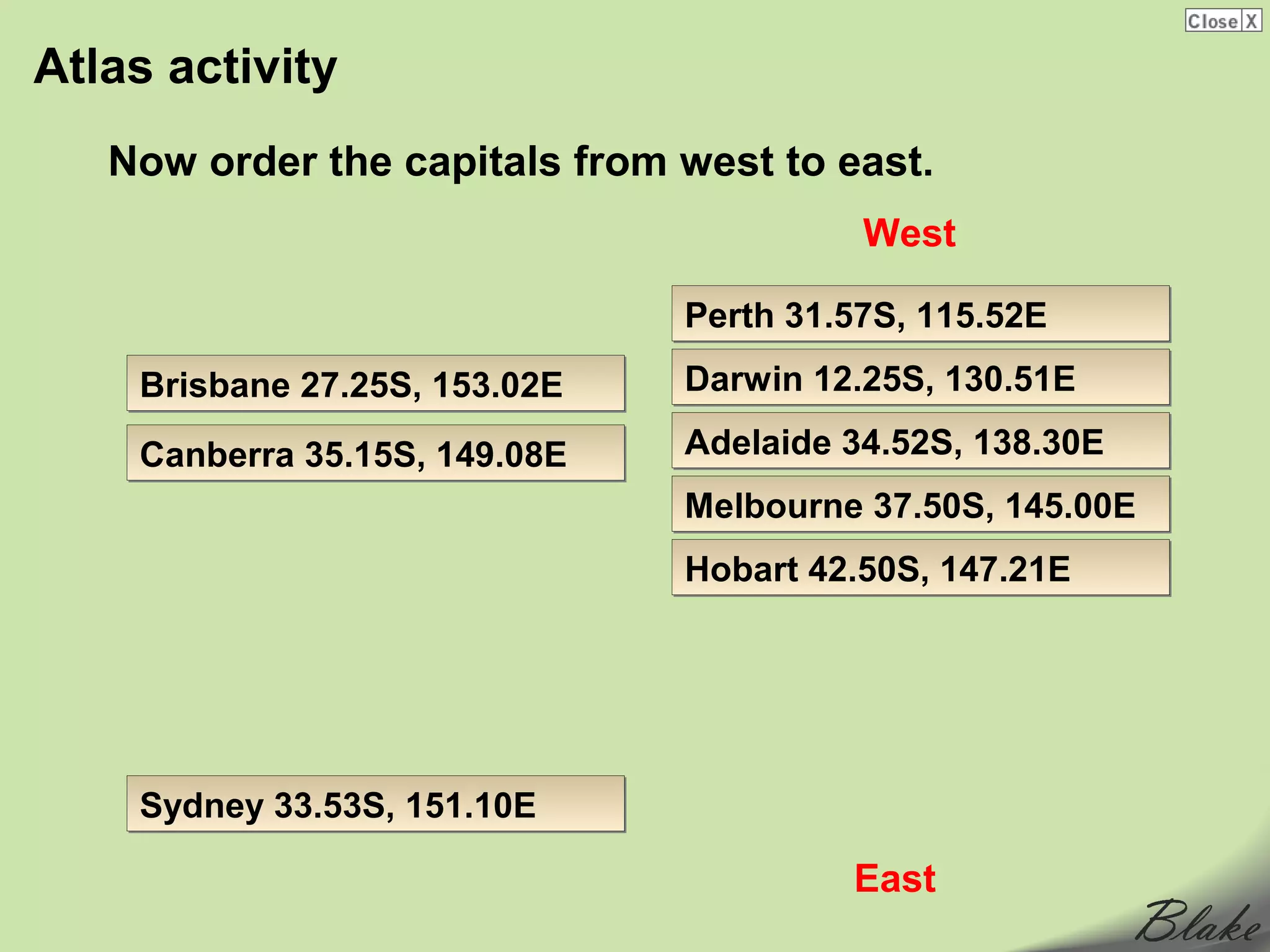 Atlas activity
   Now order the capitals from west to east.
                                         West

                               Perth 31.57S, 115.52E
    Brisbane 27.25S, 153.02E   Darwin 12.25S, 130.51E

    Canberra 35.15S, 149.08E   Adelaide 34.52S, 138.30E
                               Melbourne 37.50S, 145.00E
                               Hobart 42.50S, 147.21E




    Sydney 33.53S, 151.10E

                                        East
 