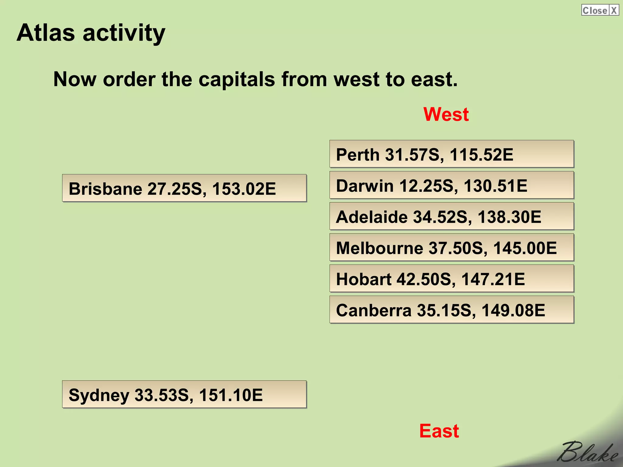 Atlas activity
   Now order the capitals from west to east.
                                         West

                               Perth 31.57S, 115.52E
    Brisbane 27.25S, 153.02E   Darwin 12.25S, 130.51E
                               Adelaide 34.52S, 138.30E
                               Melbourne 37.50S, 145.00E
                               Hobart 42.50S, 147.21E
                               Canberra 35.15S, 149.08E



    Sydney 33.53S, 151.10E

                                        East
 