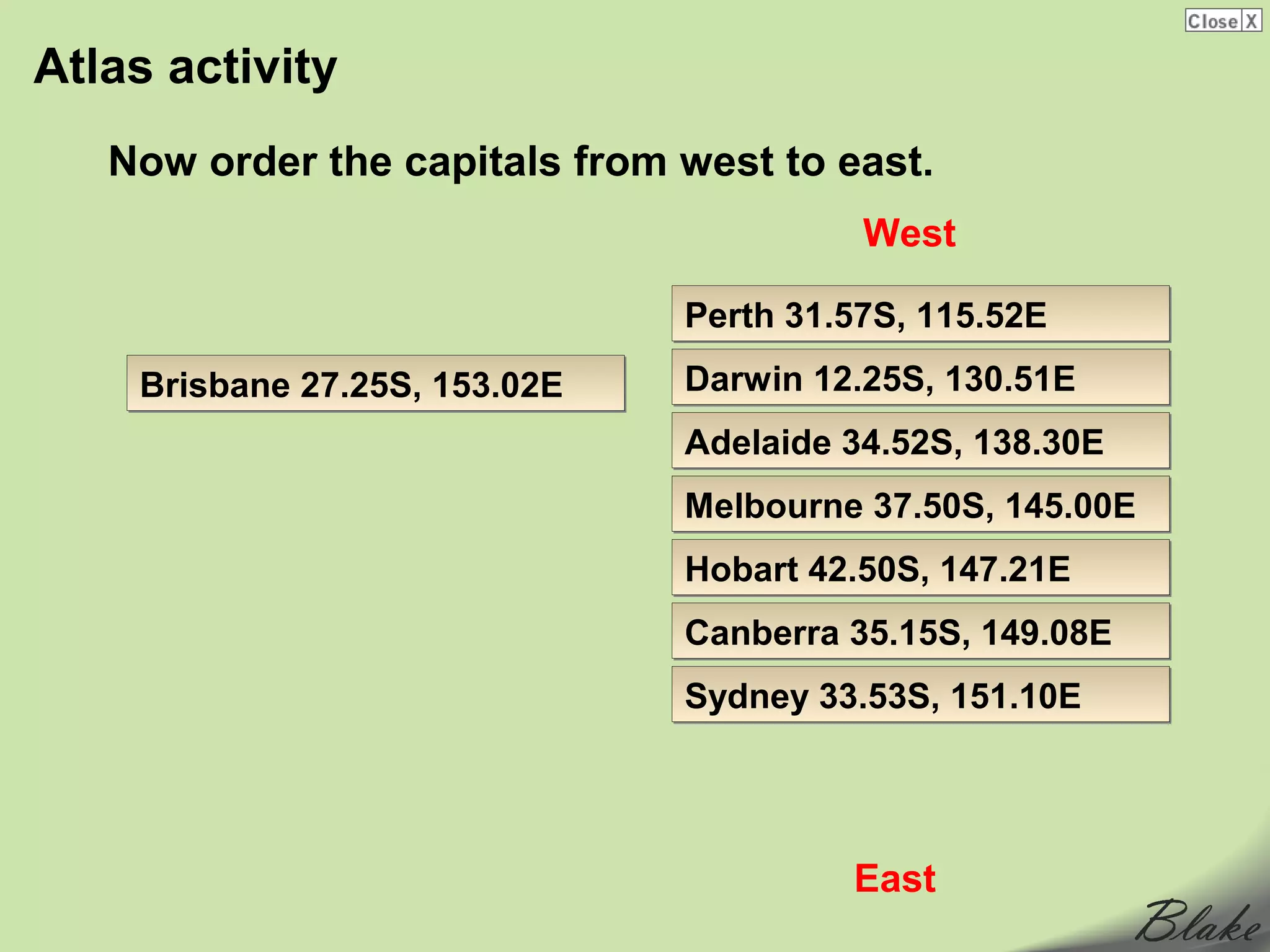 Atlas activity
   Now order the capitals from west to east.
                                         West

                               Perth 31.57S, 115.52E
    Brisbane 27.25S, 153.02E   Darwin 12.25S, 130.51E
                               Adelaide 34.52S, 138.30E
                               Melbourne 37.50S, 145.00E
                               Hobart 42.50S, 147.21E
                               Canberra 35.15S, 149.08E
                               Sydney 33.53S, 151.10E




                                        East
 