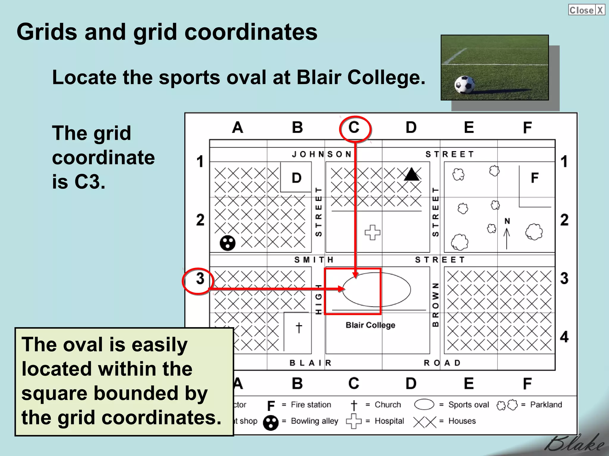 Grids and grid coordinates
   Locate the sports oval at Blair College.

   The grid
   coordinate
   is C3.




The oval is easily
located within the
square bounded by
the grid coordinates.
 