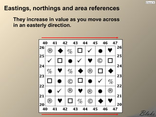 Eastings, northings and area references
   They increase in value as you move across
   in an easterly direction.
 