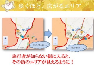 歩くほど、広がるエリア




     ほとんど見えない
                新しい街に！




旅行者が知らない街に入ると、
その街のエリアが見えるように！
 