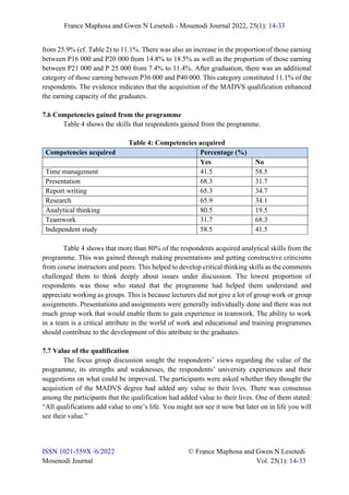 France Maphosa and Gwen N Lesetedi - Mosenodi Journal 2022, 25(1): 14-33
ISSN 1021-559X /6/2022 © France Maphosa and Gwen N Lesetedi
Mosenodi Journal Vol. 25(1): 14-33
from 25.9% (cf. Table 2) to 11.1%. There was also an increase in the proportion of those earning
between P16 000 and P20 000 from 14.8% to 18.5% as well as the proportion of those earning
between P21 000 and P 25 000 from 7.4% to 11.4%. After graduation, there was an additional
category of those earning between P36 000 and P40 000. This category constituted 11.1% of the
respondents. The evidence indicates that the acquisition of the MADVS qualification enhanced
the earning capacity of the graduates.
7.6 Competencies gained from the programme
Table 4 shows the skills that respondents gained from the programme.
Table 4: Competencies acquired
Competencies acquired Percentage (%)
Yes No
Time management 41.5 58.5
Presentation 68.3 31.7
Report writing 65.3 34.7
Research 65.9 34.1
Analytical thinking 80.5 19.5
Teamwork 31.7 68.3
Independent study 58.5 41.5
Table 4 shows that more than 80% of the respondents acquired analytical skills from the
programme. This was gained through making presentations and getting constructive criticisms
from course instructors and peers. This helped to develop critical thinking skills as the comments
challenged them to think deeply about issues under discussion. The lowest proportion of
respondents was those who stated that the programme had helped them understand and
appreciate working as groups. This is because lecturers did not give a lot of group work or group
assignments. Presentations and assignments were generally individually done and there was not
much group work that would enable them to gain experience in teamwork. The ability to work
in a team is a critical attribute in the world of work and educational and training programmes
should contribute to the development of this attribute in the graduates.
7.7 Value of the qualification
The focus group discussion sought the respondents’ views regarding the value of the
programme, its strengths and weaknesses, the respondents’ university experiences and their
suggestions on what could be improved. The participants were asked whether they thought the
acquisition of the MADVS degree had added any value to their lives. There was consensus
among the participants that the qualification had added value to their lives. One of them stated:
“All qualifications add value to one’s life. You might not see it now but later on in life you will
see their value.”
 