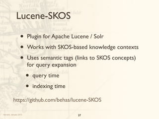 Lucene-SKOS

                  •     Plugin for Apache Lucene / Solr

                  •     Works with SKOS-based knowle...