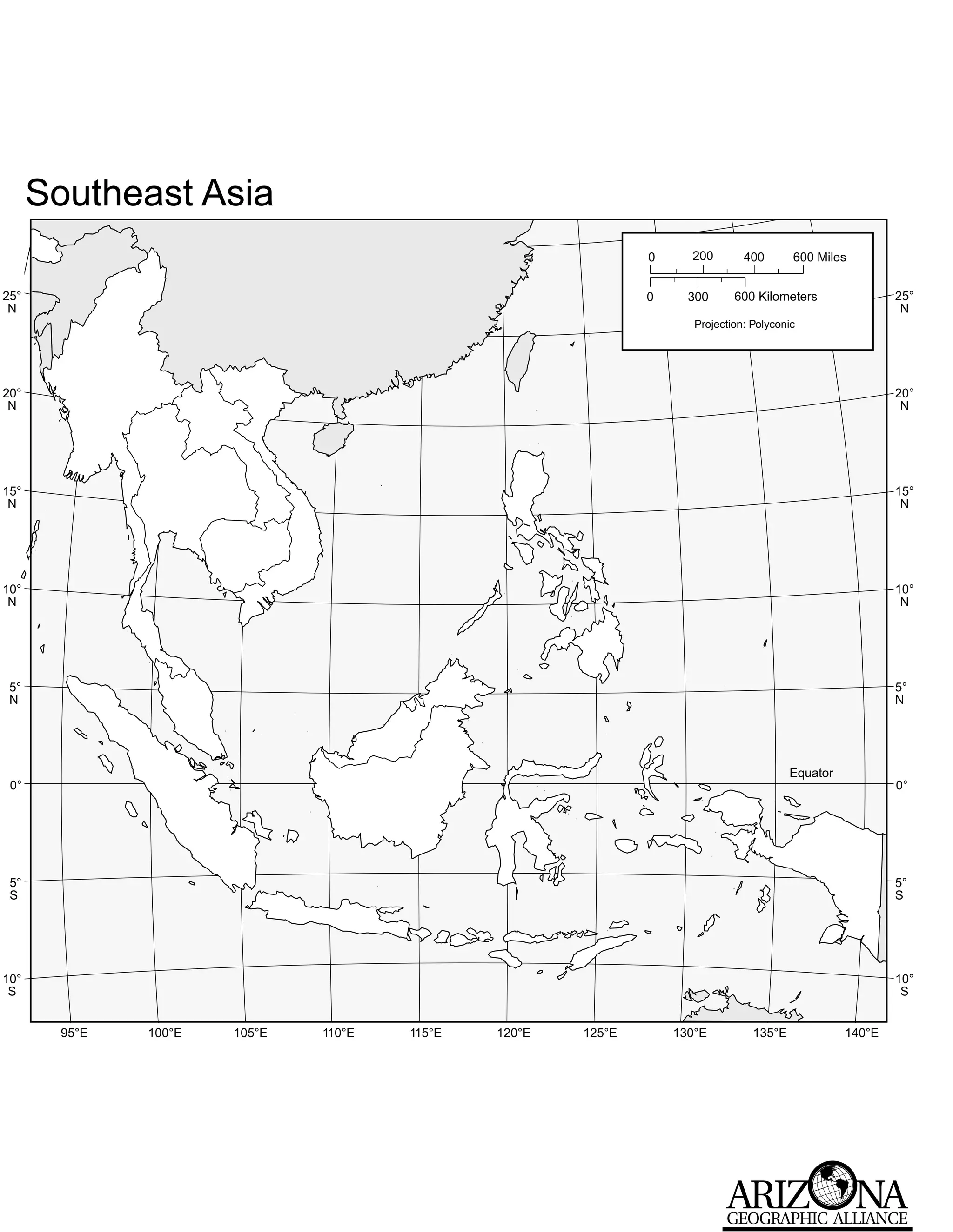 Southeast Asia
                                                               0     200        400       600 Miles


25°                                                            0     300      600 Kilometers                25°
 N                                                                                                           N
                                                                      Projection: Polyconic




20°                                                                                                         20°
 N                                                                                                           N




15°                                                                                                         15°
 N                                                                                                           N




10°                                                                                                         10°
 N                                                                                                           N




 5°                                                                                                         5°
 N                                                                                                          N




                                                                                          Equator
 0°                                                                                                         0°




 5°                                                                                                         5°
 S                                                                                                          S




10°                                                                                                         10°
 S                                                                                                           S


        95°E   100°E   105°E   110°E   115°E   120°E   125°E       130°E          135°E             140°E
 