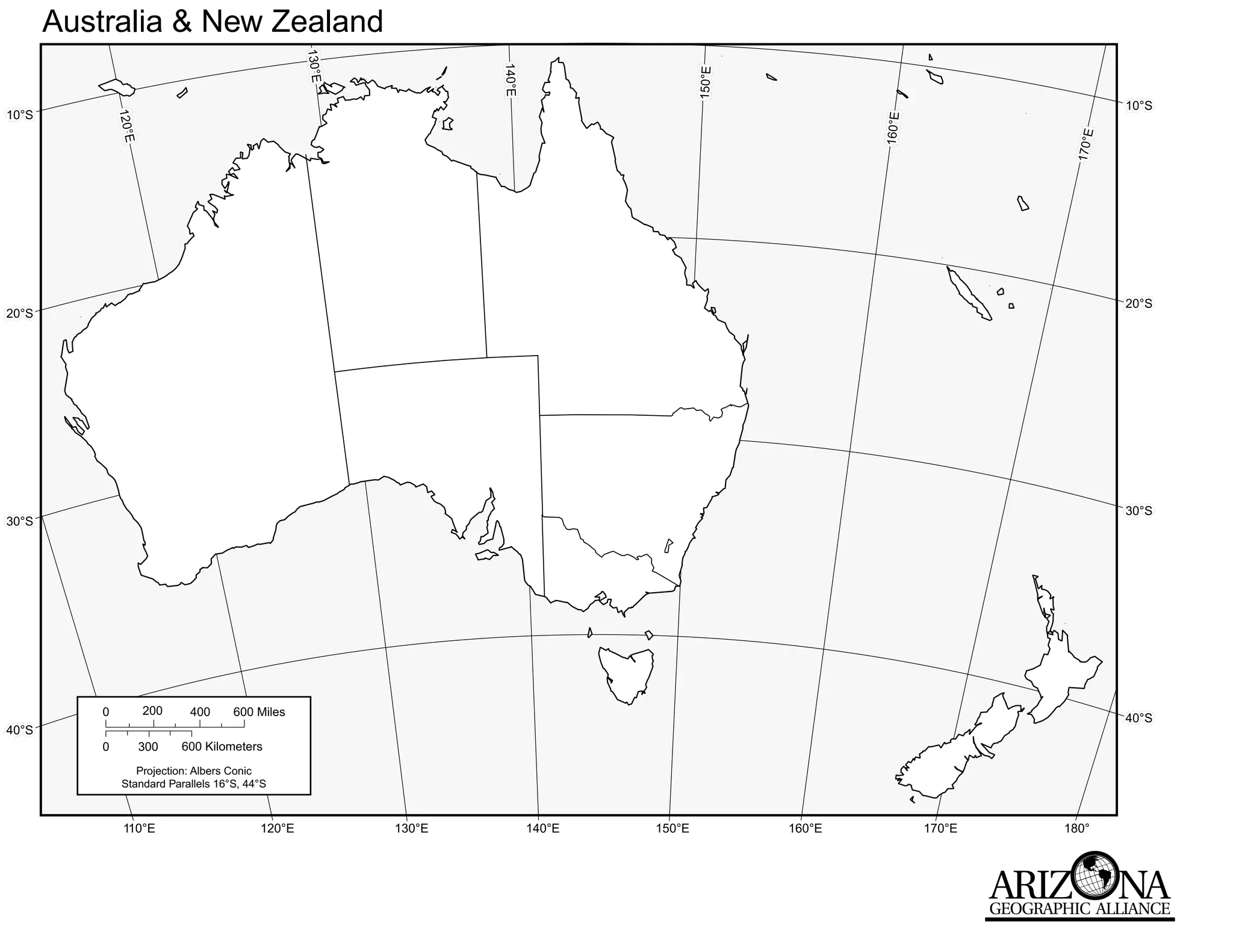 Australia & New Zealand




                                                   130°E




                                                                   140°E
                                                                   140°E
                                                                   140°E




                                                                                           150°E
                                                                                                                                    10°S
10°S           12 E
               12 E
               120°E




                                                                                                           160°E




                                                                                                                            170°E
                                                                                                                                    20°S
20°S




                                                                                                                                    30°S
30°S




           0           200    400     600 Miles                                                                                     40°S
40°S
           0           300   600 Kilometers
                   Projection: Albers Conic
                Standard Parallels 16°S, 44°S



                110°E                      120°E           130°E           140°E   150°E           160°E           170°E   180°
 