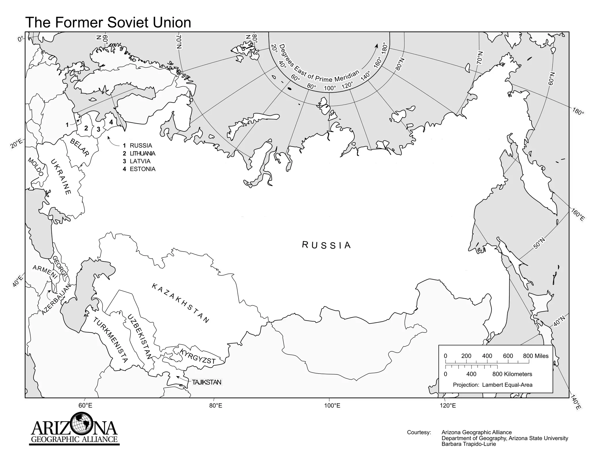 The Former Soviet Union




                                                                                                         80°
  0°




                                                                          70°N
                                                                          70°N
                                                                          70°N




                                                                                                         N
                                         60°
                                         N
                                         N
                                         N




                                                                                                                                                                 180°
                                                                                                               20°
                                                                                                                 D e g 40°
                                                                                                                0
                                                                                                                0




                                                                                                                                                                                                        70°N
                                                                                                                      re °




                                                                                                                                                                0°


                                                                                                                                                                         N
                                                                                                                        es
                                                                                                                        4
                                                                                                                        4




                                                                                                                                                                        80°
                                                                                                                          Ea




                                                                                                                                                            16
                                                                                                                           °
                                                                                                                               st
                                                                                                                        60          of P            i a n 40°




                                                                                                                                                                                                                                         60°N
                                                                                                                           °             rime Merid       1
                                                                                                                                    80°              °
                                                                                                                                          100°    120


                                                                                                                                                                                                                                                     18
                                                                                                                                                                                                                                                          0°

                           1                   4
                                     2    3

  °E
                               BE
20                               L                  1   RUSSIA
                                 AR




                                                    2   LITHUANIA
       M                                            3   LATVIA
                 U
       OL




                                                    4   ESTONIA
                  KR
         DO


                      AI
                       NE




                                                                                                                                                                                                                                                     16
                                                                                                                                                                                                                                                       0°
                                                                                                                                                                                                                                                           E



                                                                                                                               RUSSIA                                                                                               °N
                                                                                                                                                                                                                                  50
                  GE




           ARM
                  OR I




                 EN
                    GI
  °E




                                                                  KA
40




                       AN




                                                                     ZA
                      IJ




                                                                          K
                      A




                                                                              H
                  B




                                                                                  S
                 R




                 ZE                                                                   T
             A                                                                            A
                                         TU                                                   N                                                                                                                                                 °N
                                                        U




                                                                                                                                                                                                                                            40
                                                        ZB
                                          R




                                                         EK
                                              KM




                                                            IST
                                               EN




                                                                              KY
                                                   IS



                                                             AN




                                                                                   RG                                                                                                      0      200      400      600    800 Miles
                                                                                          YZST
                                                   TA




                                                                                                                                                                                           0        400          800 Kilometers
                                                                                      TAJIKSTAN                                                                                                Projection: Lambert Equal-Area




                                                                                                                                                                                                                                                     1 0
                                                                                                                                                                                                                                                     1 0
                                                                                                                                                                                                                                                     140
                                 60°E                                                             80°E                                    100°E                                           120°E




                                                                                                                                                                                                                                                      °E
                                                                                                                                                                              Courtesy:   Arizona Geographic Alliance
                                                                                                                                                                                          Department of Geography, Arizona State University
                                                                                                                                                                                          Barbara Trapido-Lurie
 