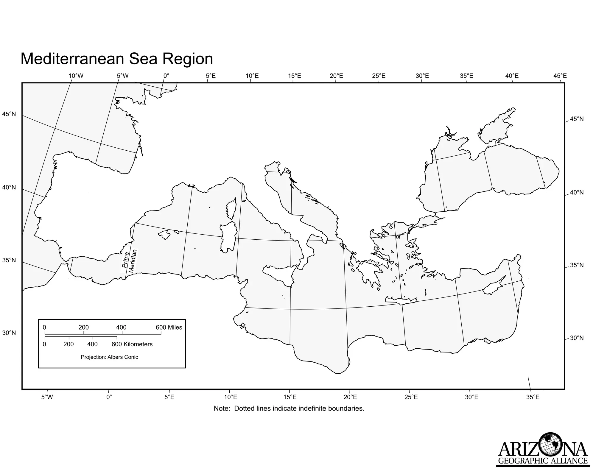 Mediterranean Sea Region
                10°W                5°W             0°        5°E          10°E         15°E          20°E           25°E      30°E   35°E    40°E          45°E




45°N
                                                                                                                                                                   45°N




40°N
                                                                                                                                                                   40°N
                                             n
                                      Prime
                                     Meridia




35°N
                                                                                                                                                                   35°N




         0           200            400           600 Miles
30°N
                                                                                                                                                                   30°N
         0     200     400       600 Kilometers

                     Projection: Albers Conic




         5°W                   0°                   5°E             10°E               15°E                  20°E           25°E       30°E          35°E
                                                                Note: Dotted lines indicate indefinite boundaries.
 